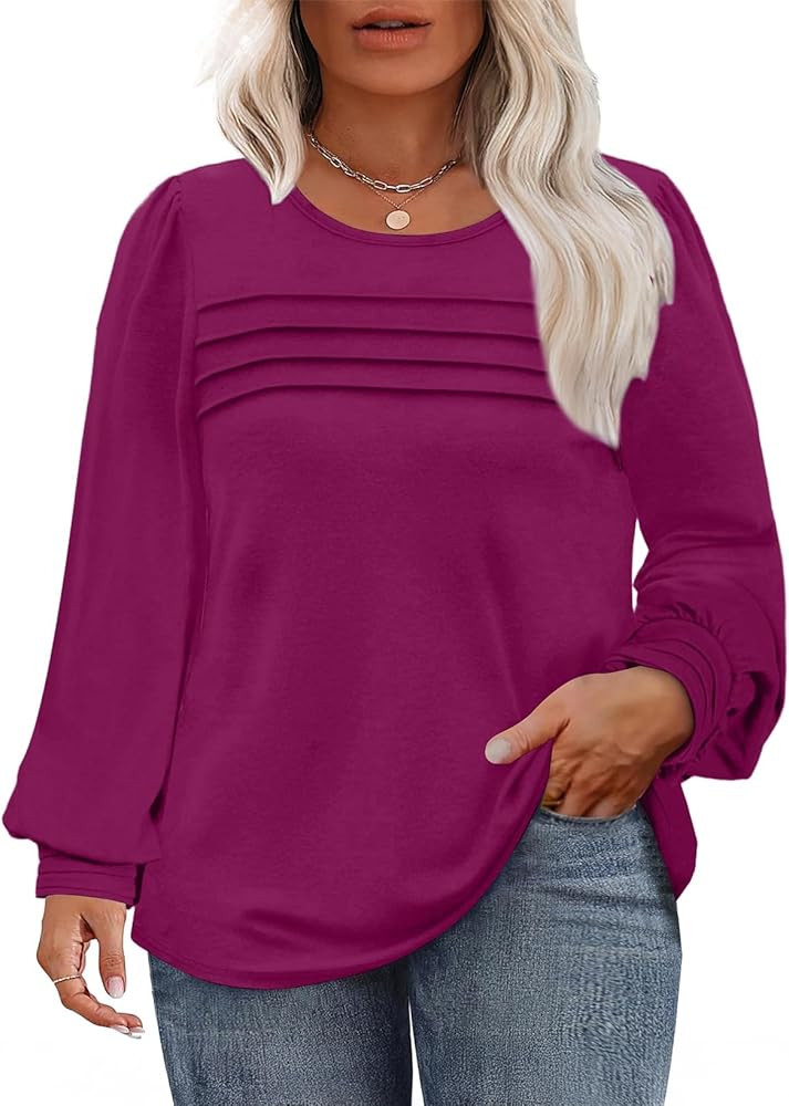 Eytino Womens Plus Size Tops Long Sleeve Crew Neck Pleated Loose Casual Tee T-Shirts(1X-5X) | Amazon (US)