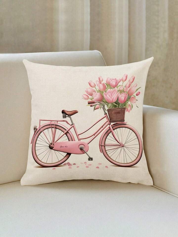1pc Pink Bicycle Pattern Cushion Cover, Pillowcase With Modern Minimalist Style. Made Of 45cm*45c... | SHEIN