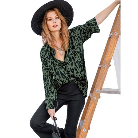 Olive Animal Print Long Sleeve V-Neck Collared Tunic with High low Frayed Hem | Walmart (US)