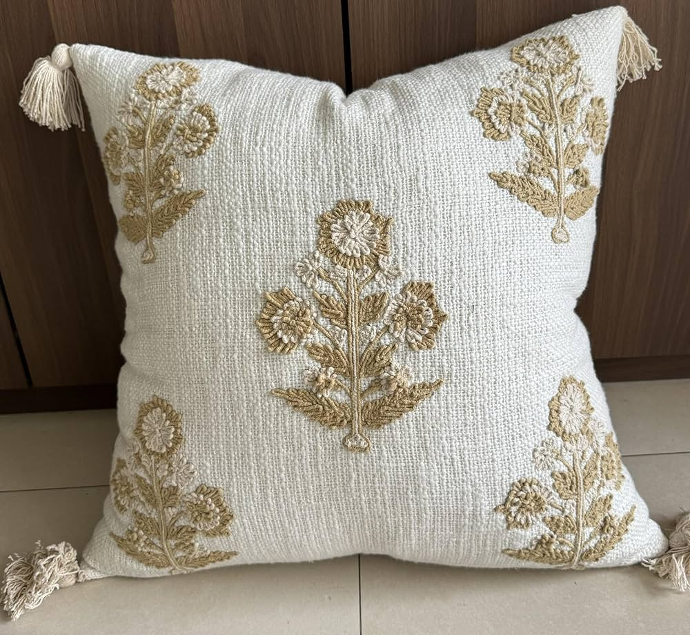 Hand Embroidered Russell Motif Decorative Square Accent Throw Pillow Cover - Couch, Sofa, Farmhou... | Amazon (US)