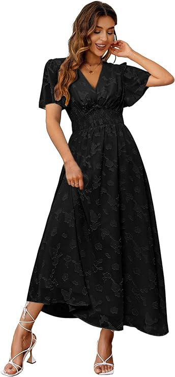 Simplee Women's Boho Floral Maxi Dress Flowy Casual V Neck Short Sleeve Wedding Guest Holiday Bea... | Amazon (US)