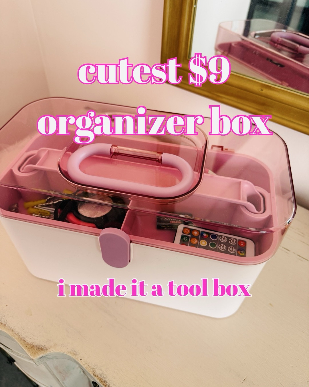 I found the cutest organizer box today that I’m gonna keep in my salon for my toolbox. I ended up getting another one to keep at home for my tool stuff here. Such a cute toolbox for $9!