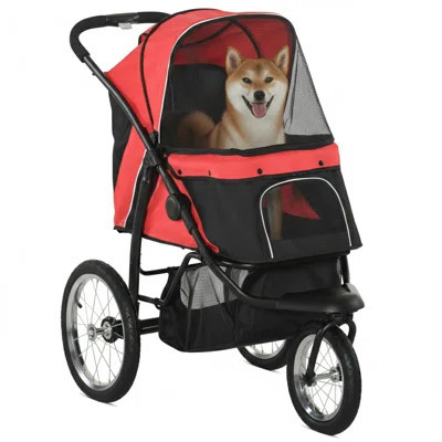 Pet Stroller For Small And Medium Dogs, 3 Big Wheels Foldable Cat Stroller With Adjustable Canopy, Safety Tether, Storage Basket, Gray | Wayfair North America