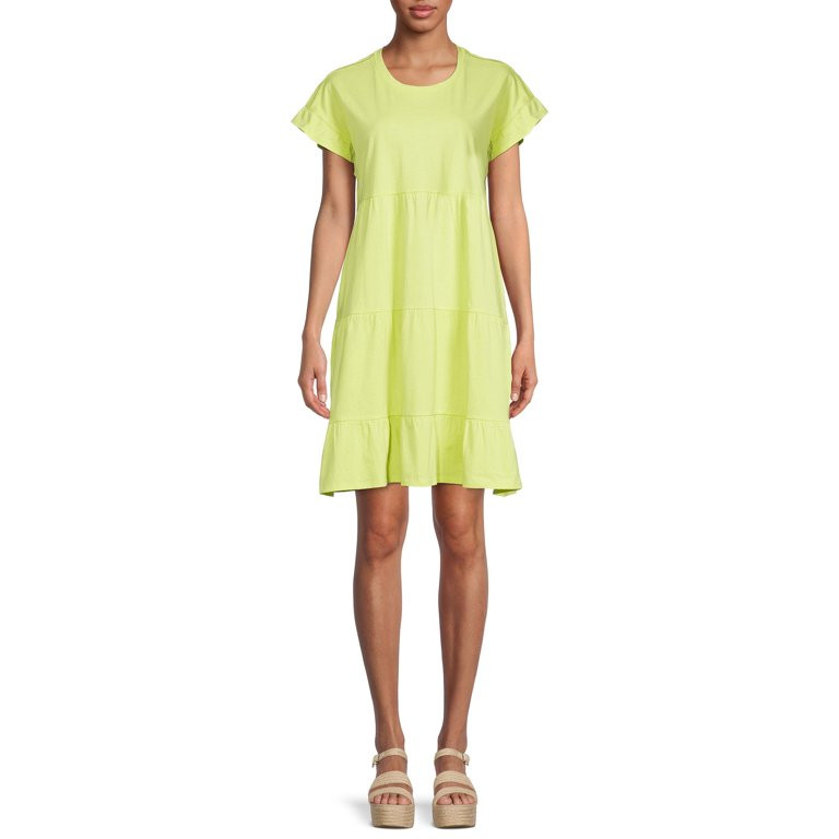 Time and Tru Women's Short Sleeve Flutter Tiered Dress | Walmart (US)