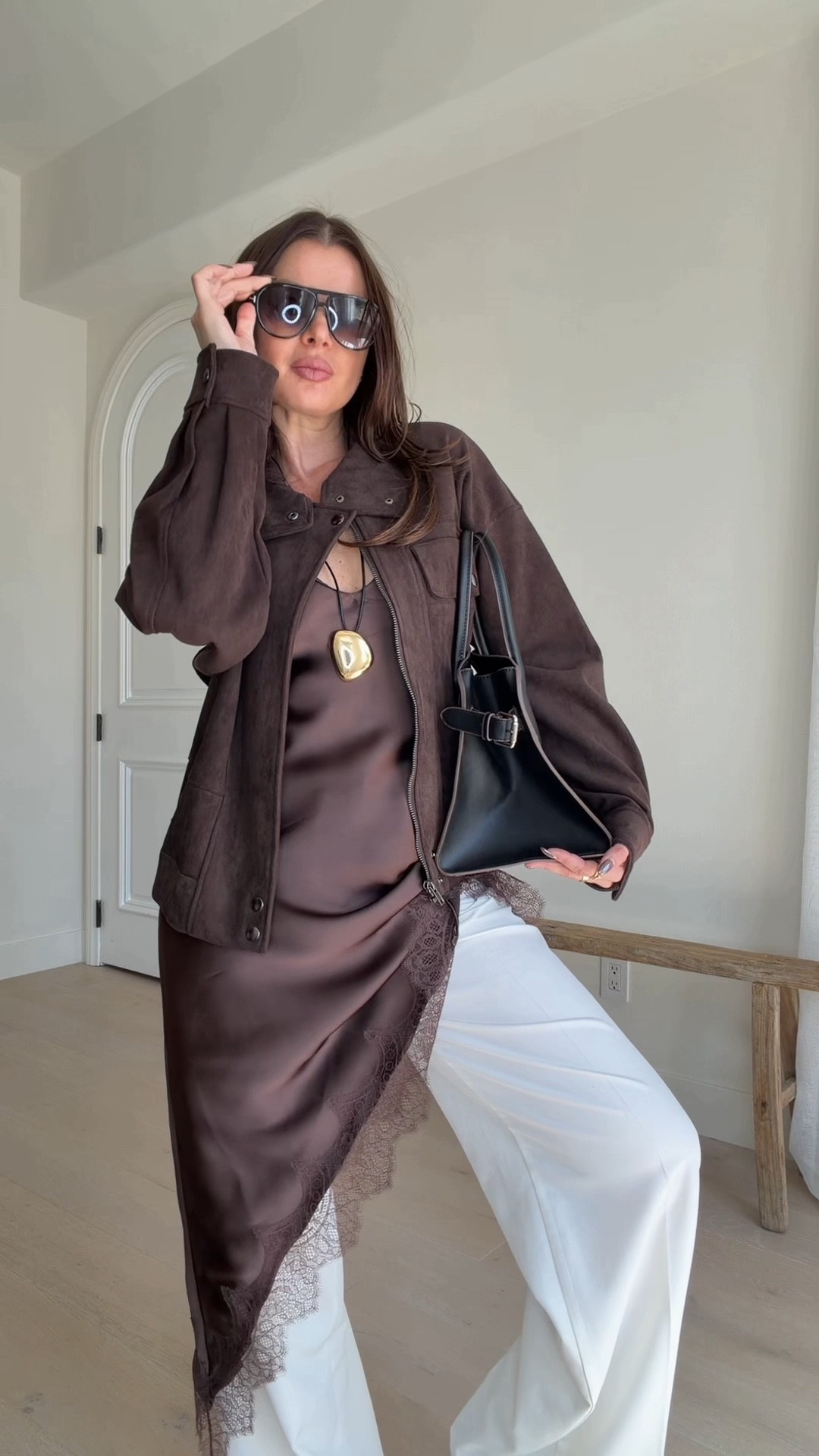 Styling a lace dress with wide leg pants and a chocolate brown bomber 
#jacket #suede #bomber #lace #widelegpants #falloutfit 

#LTKStyleTip #LTKSeasonal #LTKFindsUnder50
