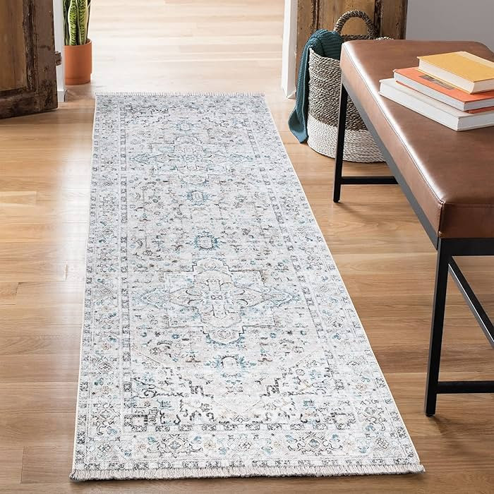 Bloom Rugs Caria Washable Non-Slip 7 ft Runner - Seashell/Teal Blue Traditional Runner for Entryw... | Amazon (US)