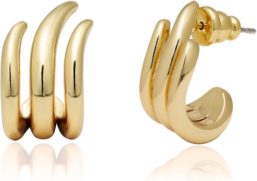 14K Gold Plated Illusion Stud Earrings for Women | Triple Huggie Hoop Earrings for One Hole| Tren... | Amazon (US)