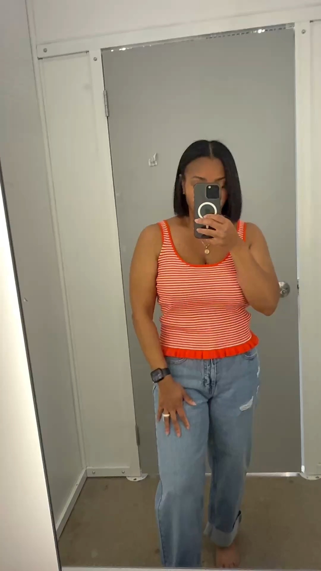 Summer staples done RIGHT 🤍🍊 This striped white + orange tank is giving effortless, sporty, and cute all at once. Paired with distressed jeans for that easy everyday look you can throw on for errands, brunch, or a Walmart run. Casual but still put together 👏🏽✨

Jean outfit
Tank top
Orange summer top
Casual outing outfit

#LTKStyle #LTKFinds #SummerStyle #CasualChic #EverydayFashion

#LTKgrwm #LTKootd #LTKOver40