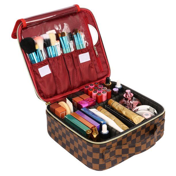 Makeup Bag for Women Checkered Travel Case Leather Cosmetic Organizer Tools Toiletry Jewelry - Wa... | Walmart (US)