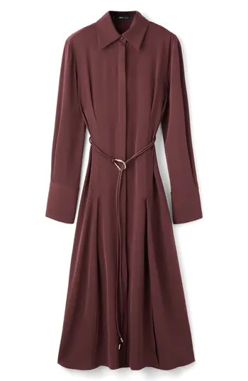 MANGO Long Sleeve Belted Shirtdress in Burgundy at Nordstrom Rack, Size 4 | Nordstrom Rack