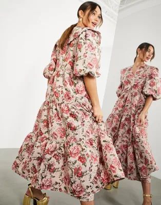 ASOS EDITION floral jacquard smock midi dress with scallop collar in pink | ASOS (Global)