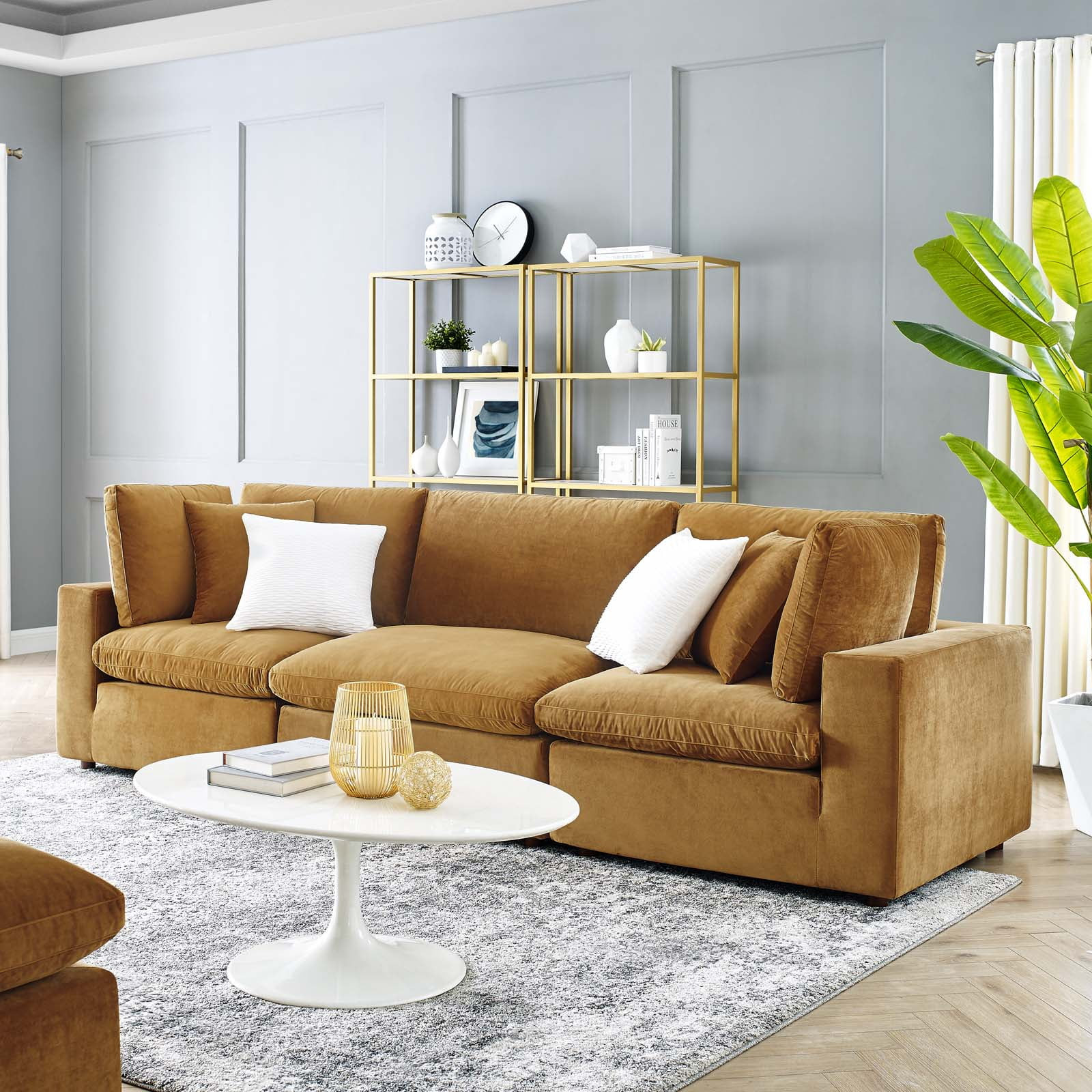 Modway Commix Down Filled Overstuffed Performance Velvet 3-Seater Sofa in Cognac | Walmart (US)