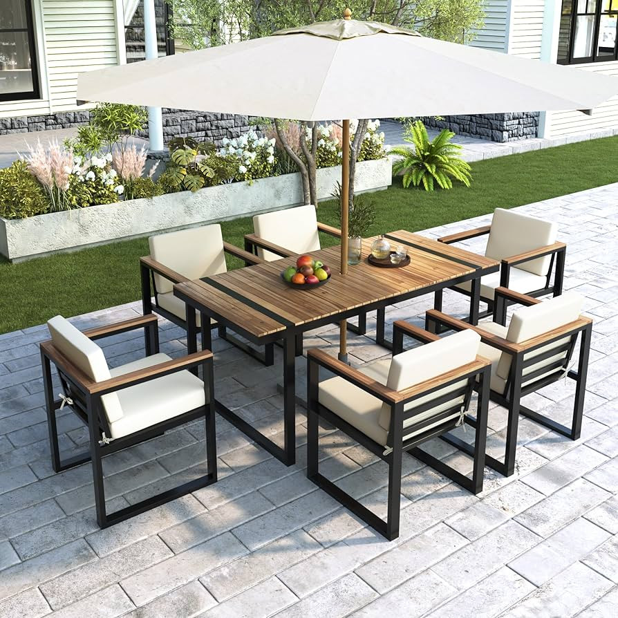 VilroCaz 7 Pieces Outdoor Dining Set, Acacia Wood and Steel Frame Patio Dining Table with Umbrell... | Amazon (US)