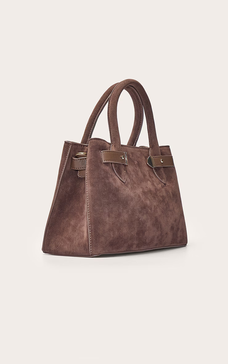 Chocolate Faux Suede Gold Hardware Hand Bag | PrettyLittleThing US