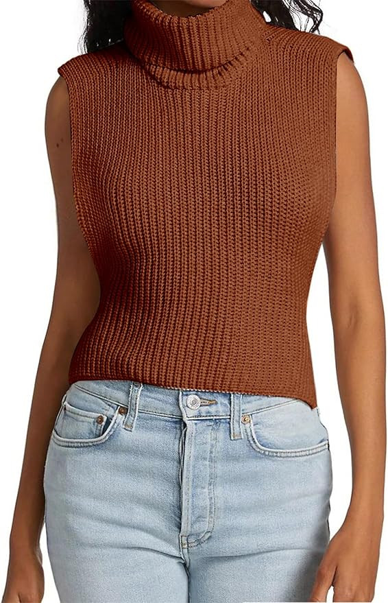 Womens Sleeveless Sweater Vest Turtleneck Ribbed Knit Tank Tops Basic Slim Fit Top | Amazon (US)