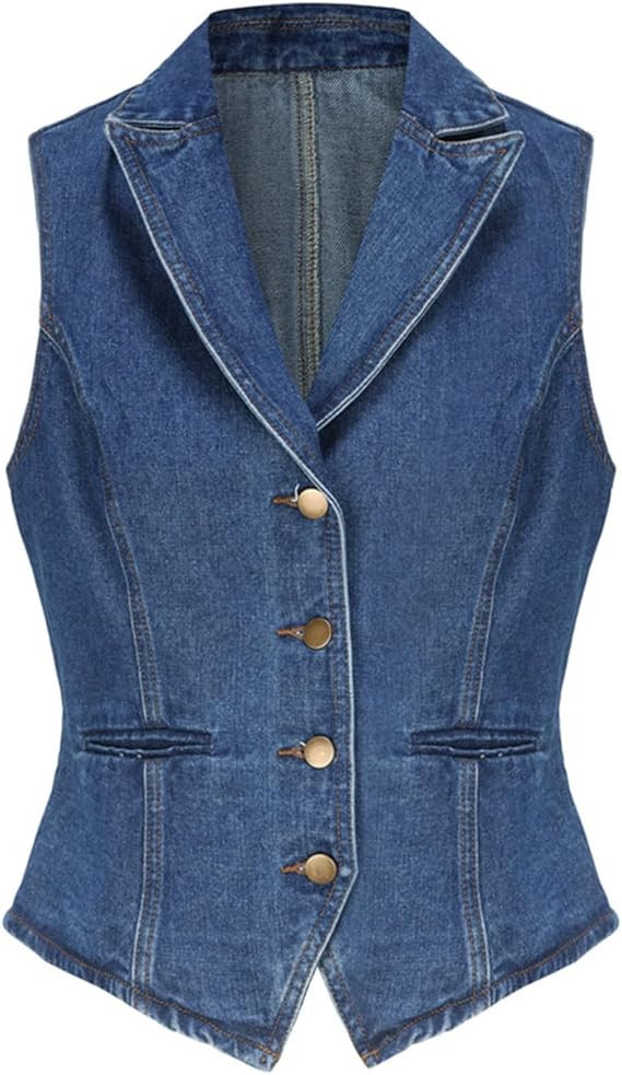 Ladyful Lapel Denim Vest for Women Sleeveless Business Work Jean Waistcoat Vest | Amazon (US)