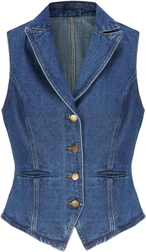 Ladyful Lapel Denim Vest for Women Sleeveless Business Work Jean Waistcoat Vest | Amazon (US)