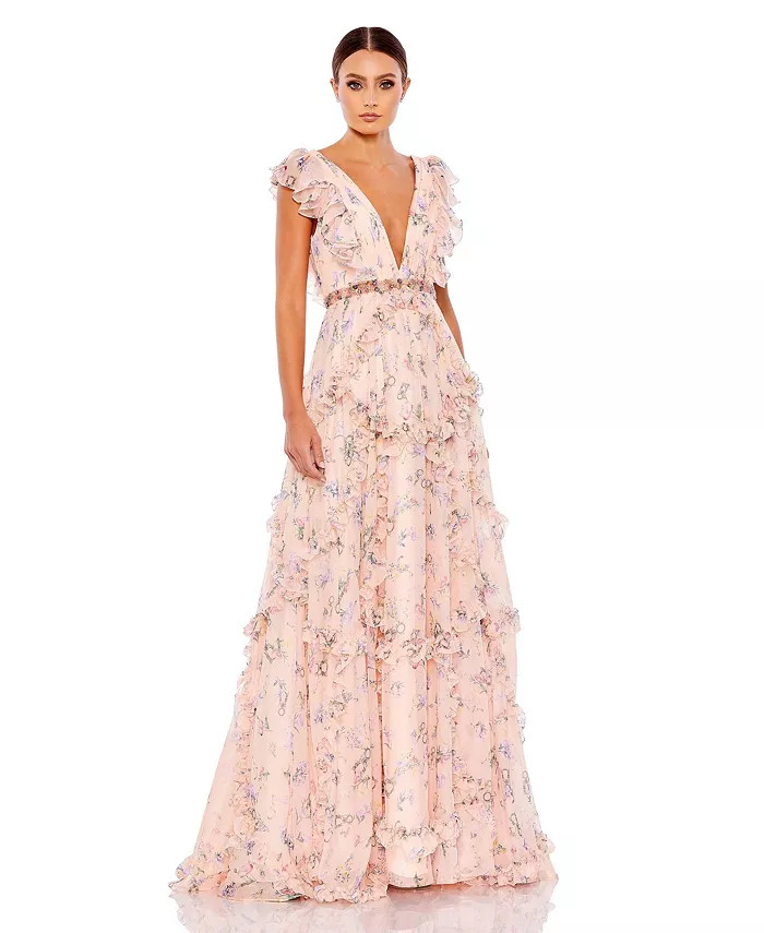 Women's Women's Ieena Ruffled Floral Print Cap Sleeve Gown | Macy's