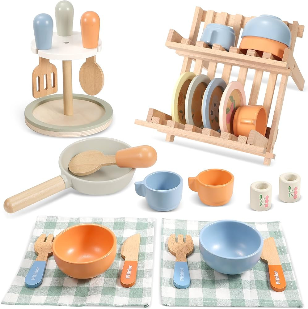 Wooden Play Cookware Set, Pretend Play Kitchen Accessories Toys Set for Kids Toddlers, Including ... | Amazon (US)