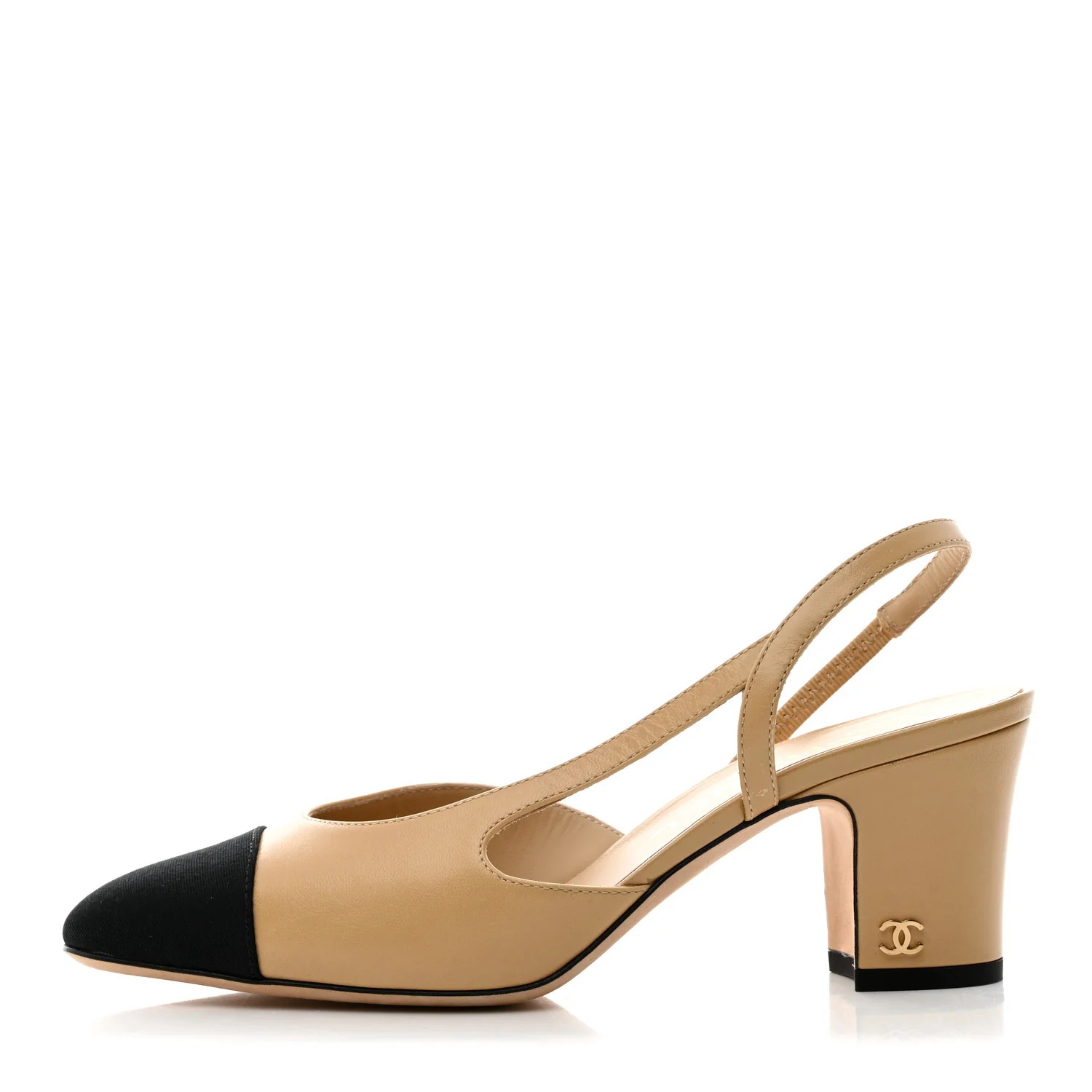Goatskin Grosgrain Cap Toe CC Slingback Pumps 36 Beige Black | FASHIONPHILE (US)