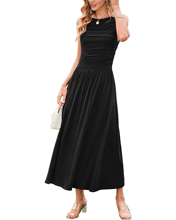 Newshows Women 2025 Summer Maxi Dresses Vacation Ruched Boat Neck Tank Flowy Elegant Party Long F... | Amazon (US)