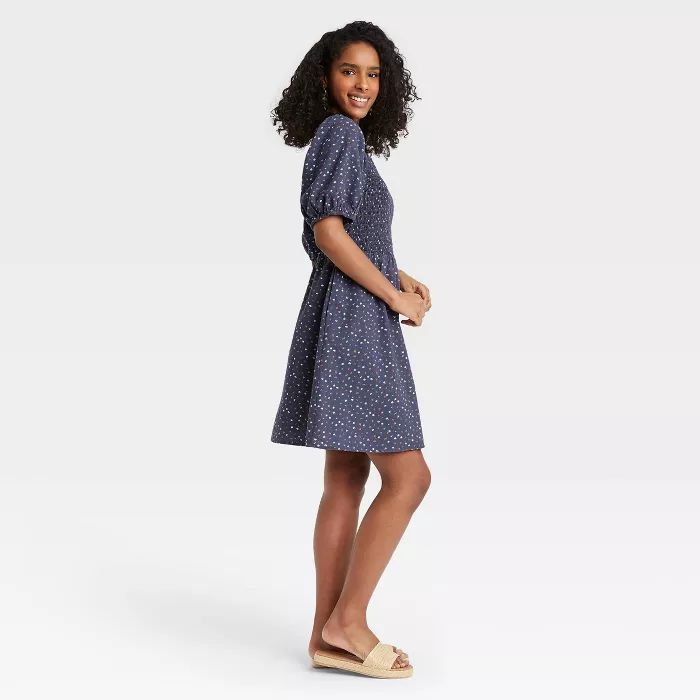 Women's Floral Print Puff Elbow Sleeve Smocked Dress - Universal Thread™ Navy | Target