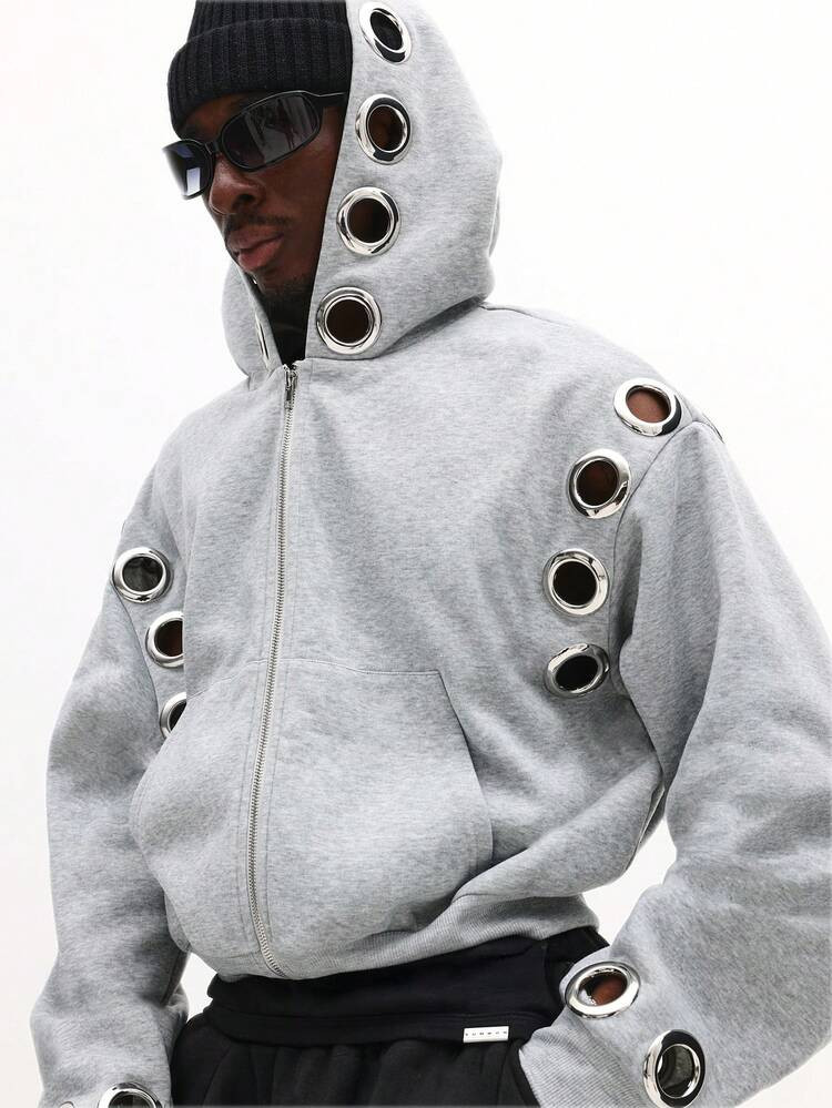 SUMWON Full Zip Hoodie With Metal Eyelets Winter Grommet Design Streetwear Casual Urban Fashion Oversized Statement Sweatshirt For All Season Outerwear | SHEIN