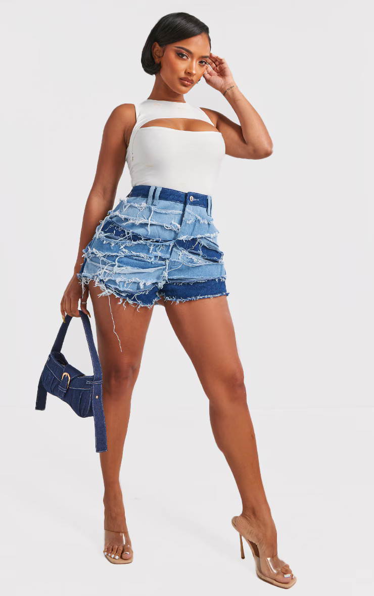 Shape Light Blue High Waist Frayed Detail Denim Shorts | PrettyLittleThing UK
