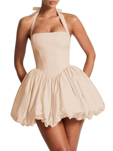 UZN Square Neck Satin HOCO Dress Bubble Halter Mini Homecoming Dresses Short for Teens 2025 Puff Cocktail Prom Party Clubwear Gowns Rose Gold US16 | Amazon (US)