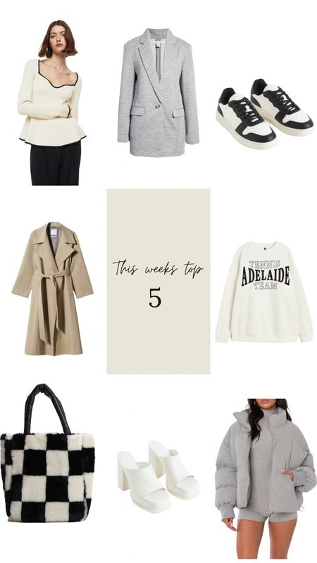 Trench coat, black and white sneakers, check bag, 