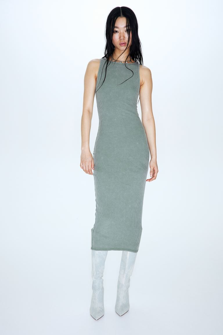Ribbed bodycon dress - Dusty green - Ladies | H&M GB | H&M (UK, MY, IN, SG, PH, TW, HK)