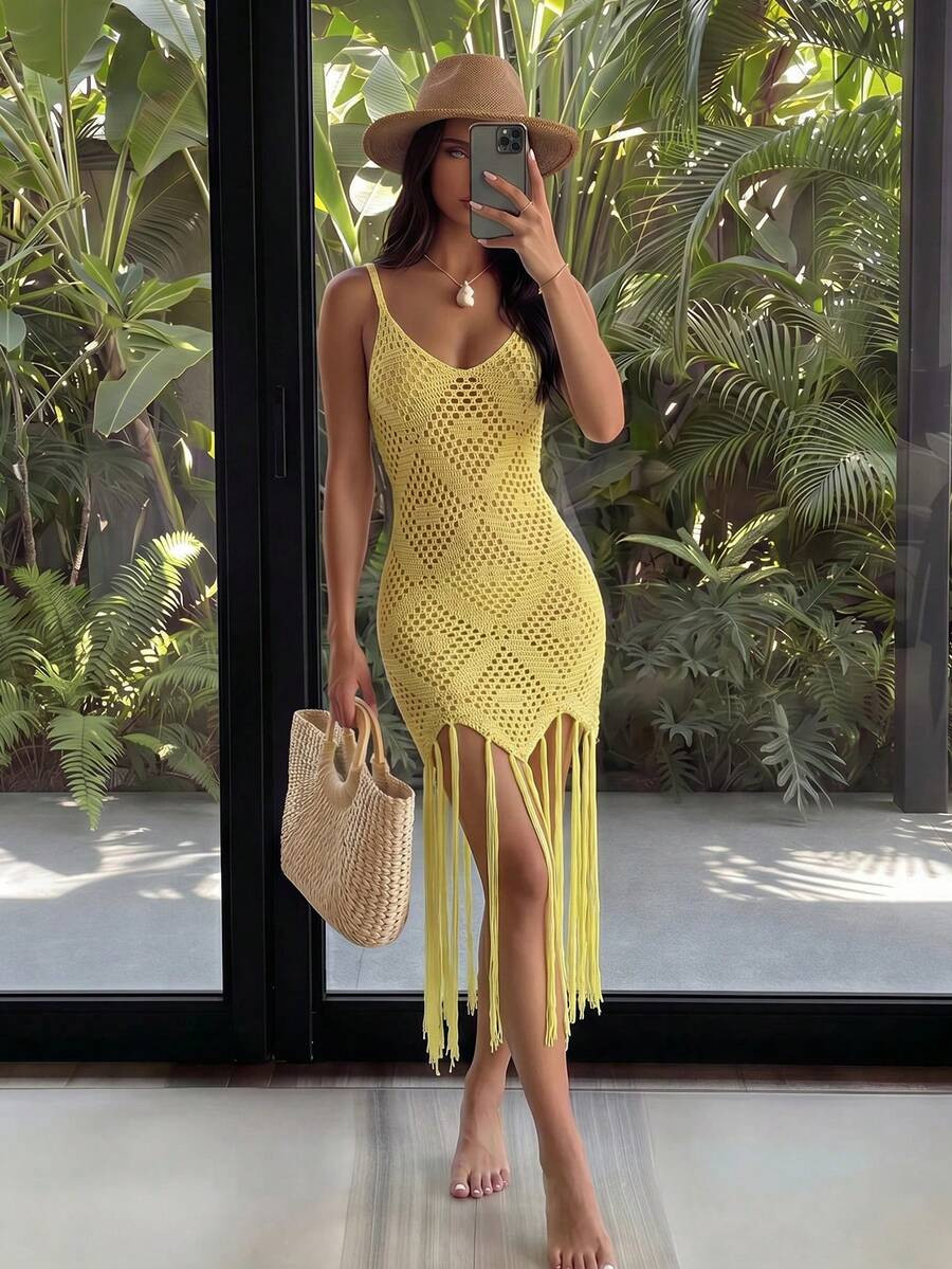 Bonvoyette Women's Yellow Summer Boho Crochet Fringed Coverup Dress,Beach Vacation Holiday Swimwe... | SHEIN