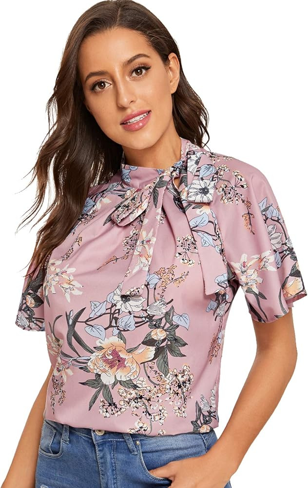 SheIn Women's Casual Side Bow Tie Neck Short Sleeve Blouse Shirt Top | Amazon (US)