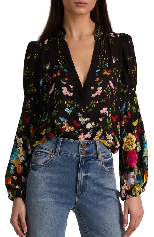 Alice + Olivia Helen Floral Top in Solar Strength Black at Nordstrom, Size Small | Nordstrom