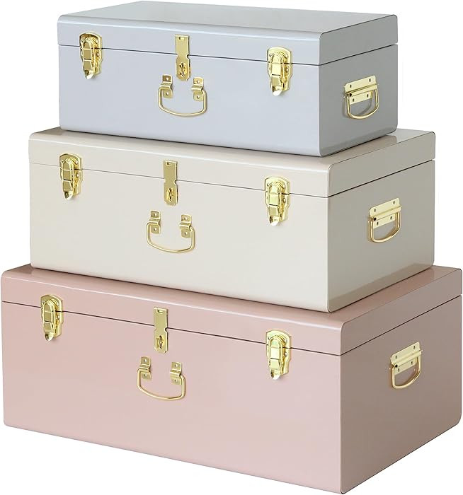 Vixdonos Decorative Box Set of 3 Metal Trunks Chest with Safety Lock Clasp for Treasure Organizat... | Amazon (US)