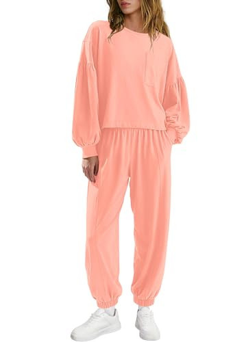 LAMISSCHE Womens Lounge Sets 2 Piece Outfits Matching Sets Long Sleeve Top Jogger Set Airport Travel Outfit Tracksuit(Coral Pink,M) | Amazon (US)