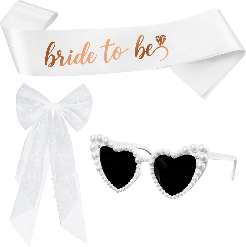 Bride Bachelorette Party Accessories 3 Pcs,Bride To Be Sash,White Veil,Pearl Heart Sunglasses for... | Amazon (US)