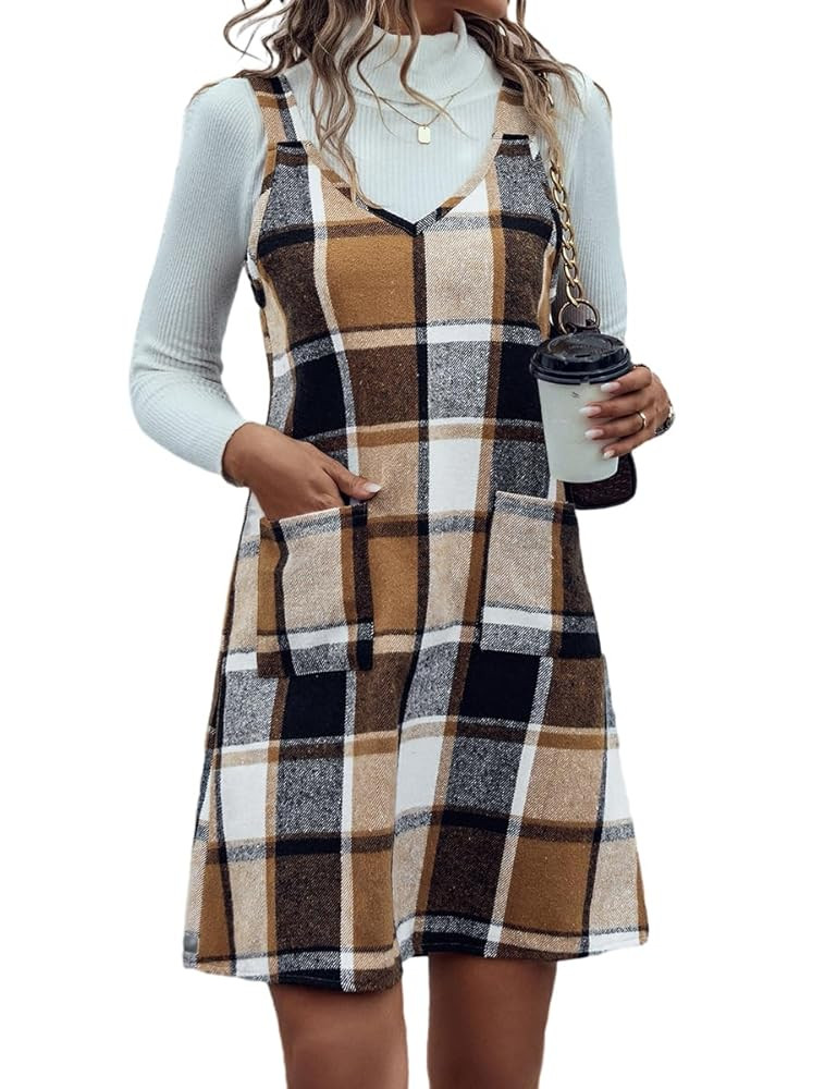 IDEALSANXUN Plaid Overall Dress for Women Fall Winter Sleeveless Plaid Dresses with Pockets | Amazon (US)