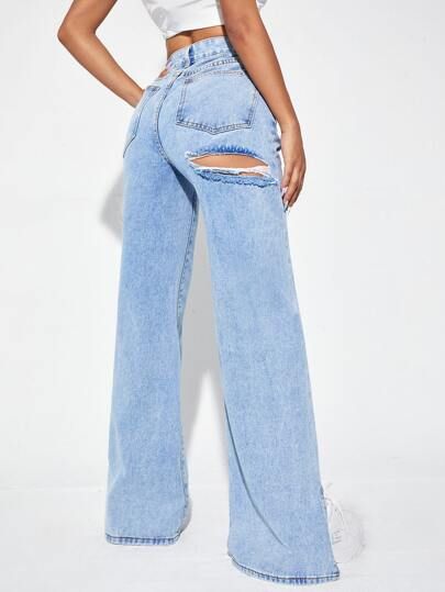 Zipper Fly Ripped Detail Split Hem Wide Leg Jeans | SHEIN