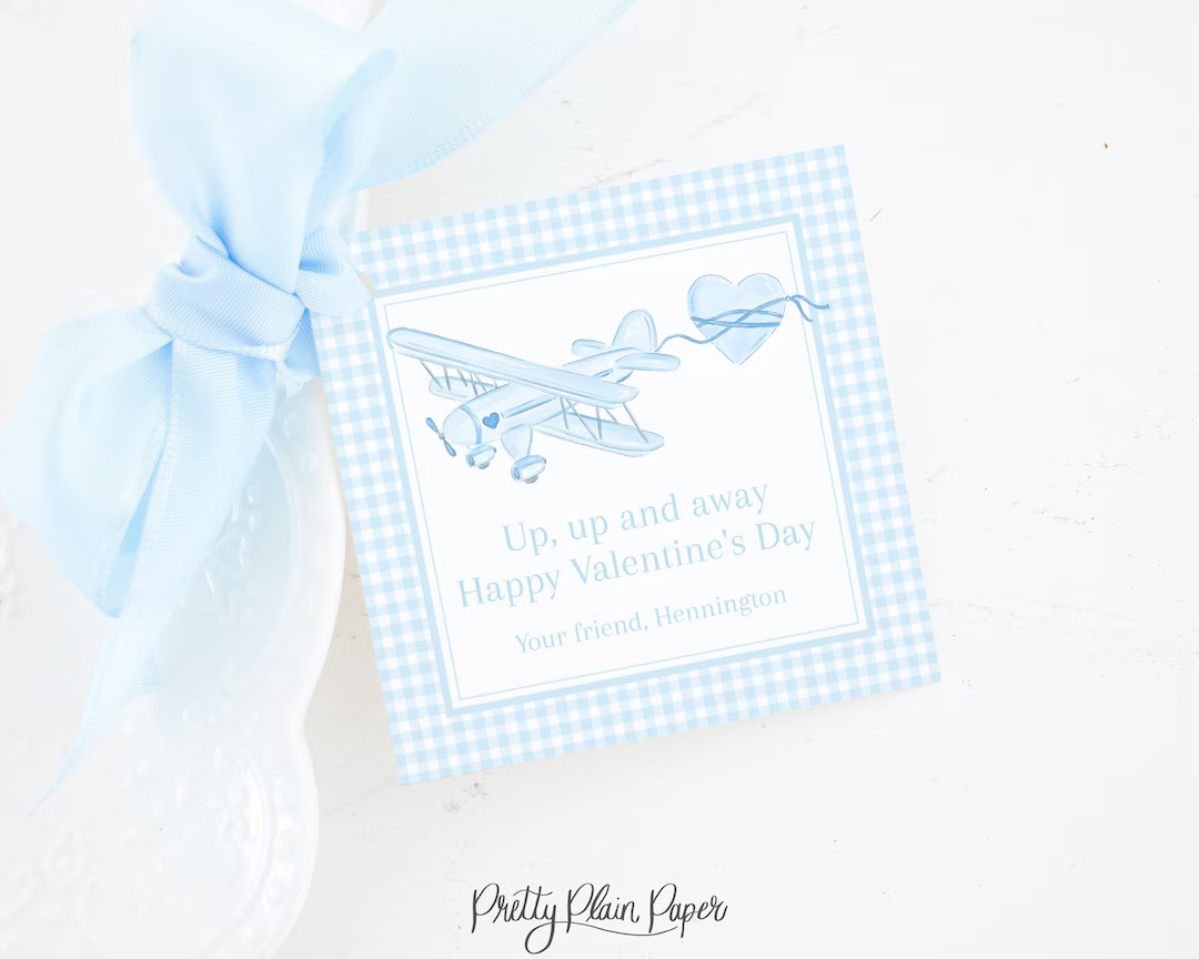 Valentine Tag Blue Airplane 3.5x3.5 Printable Digital Download Watercolor Valentine Tag Plane Hea... | Etsy (US)