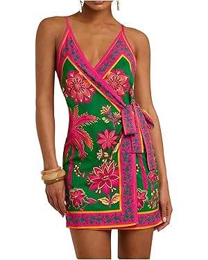 RoseSeek Women's Tropical Print Cami Dress Sleeveless Wrap V Neck Tie Knot Boho Short Dresses | Amazon (US)