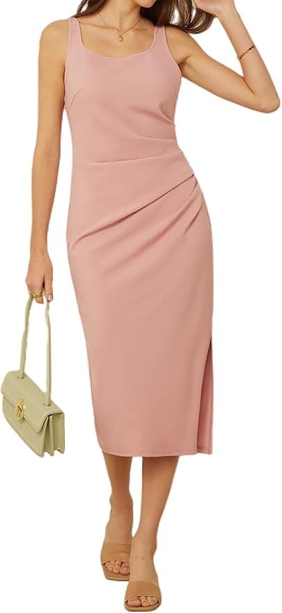 GRACE KARIN Women's Midi Summer Dresses Square Neck Sleeveless Ruched Bodycon Cocktail Party Dres... | Amazon (US)