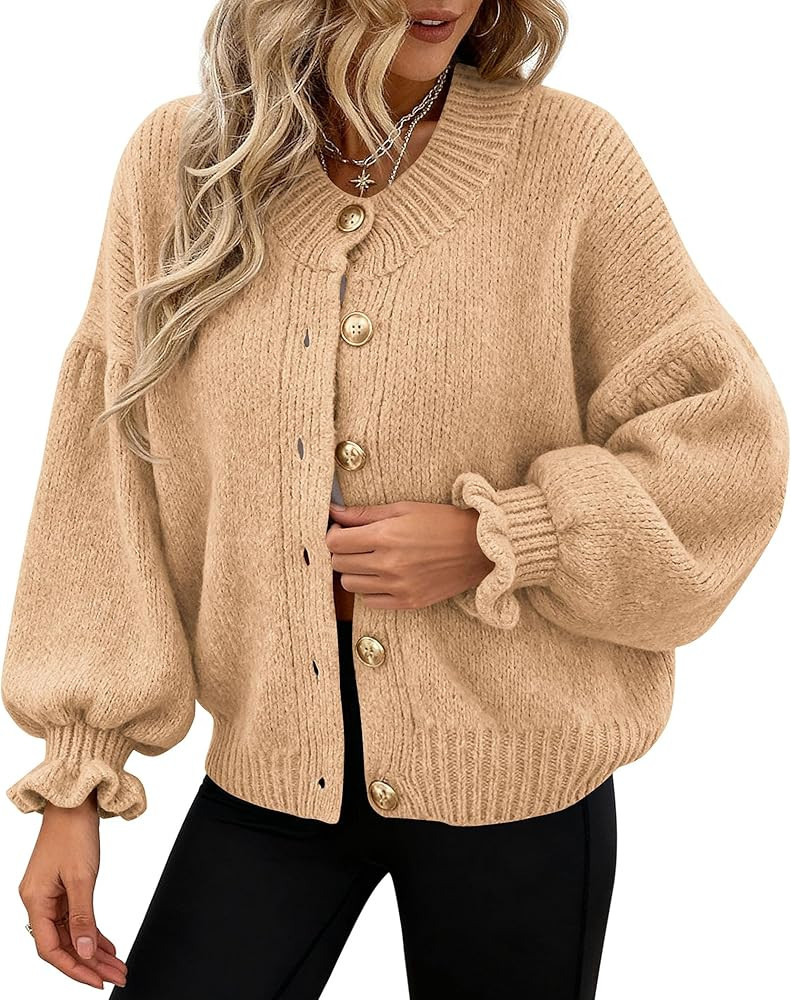 PRETTYGARDEN Womens Cropped Cardigans Trendy 2026 Ruffle Open Front Chunky Knit Sweater Oversized... | Amazon (US)