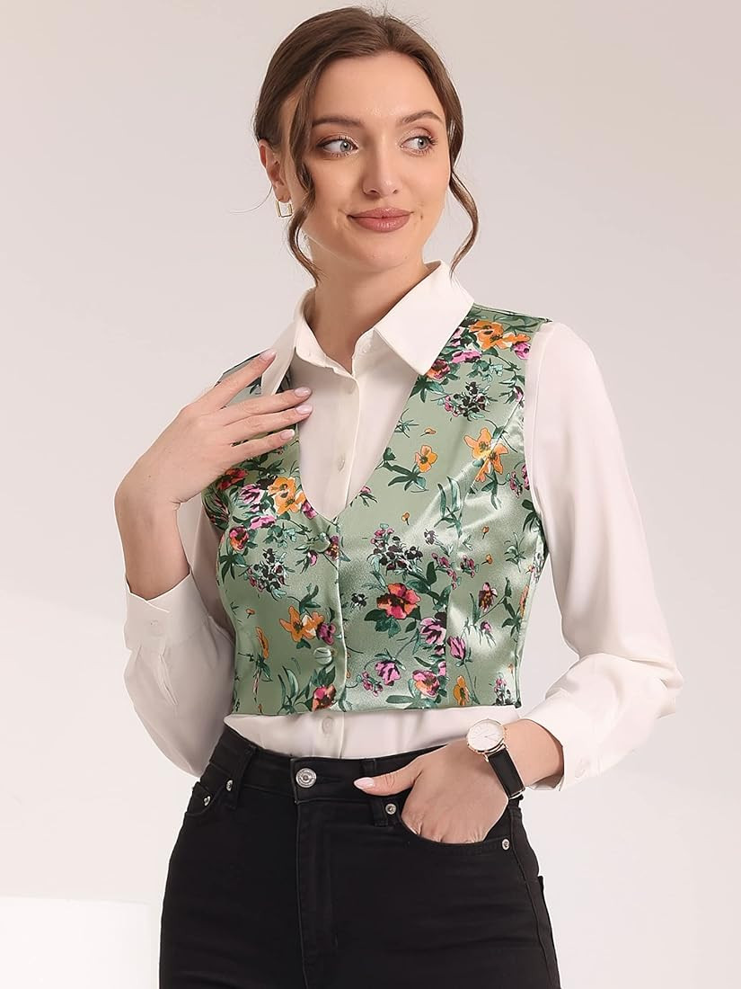 Allegra K Women's Floral Pattern Button Closure Satin Waistcoat Vest | Amazon (US)