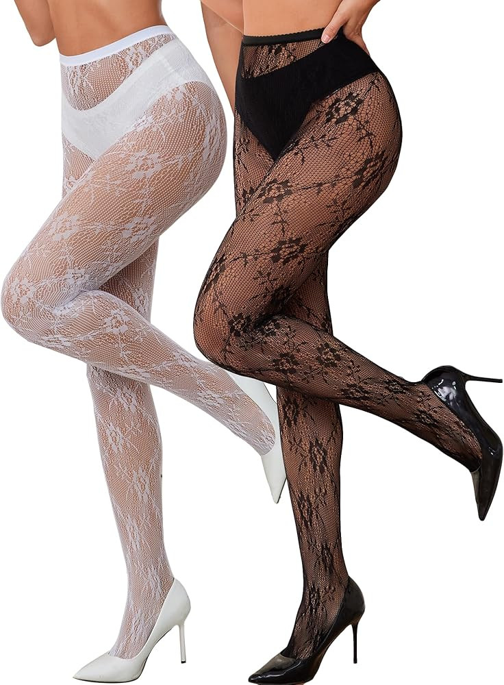 2 Pair Lace Tights for Women Sexy Fishnet Stockings Lace Leggings Floral Lace Pantyhose | Amazon (US)