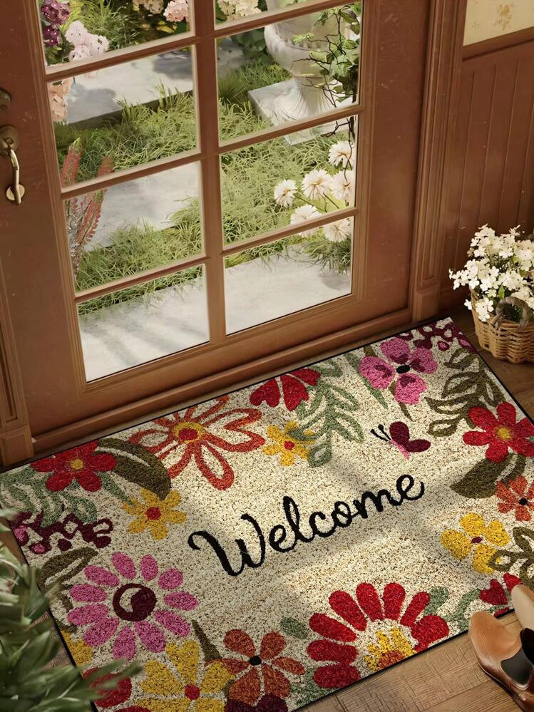 1pc Floral Wreath Welcome Mat, Farmhouse Style Indoor Outdoor Non-Slip Doormat, Washable Durable ... | SHEIN