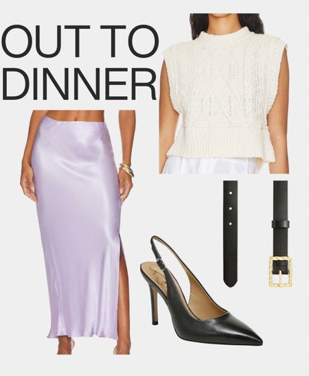 Fall dinner outfit, fall date night, fall capsule, satin skirt, cableknit vest, sling back shoes, fall shoes, black belt, chic style 

#LTKstyletip #LTKfindsunder100