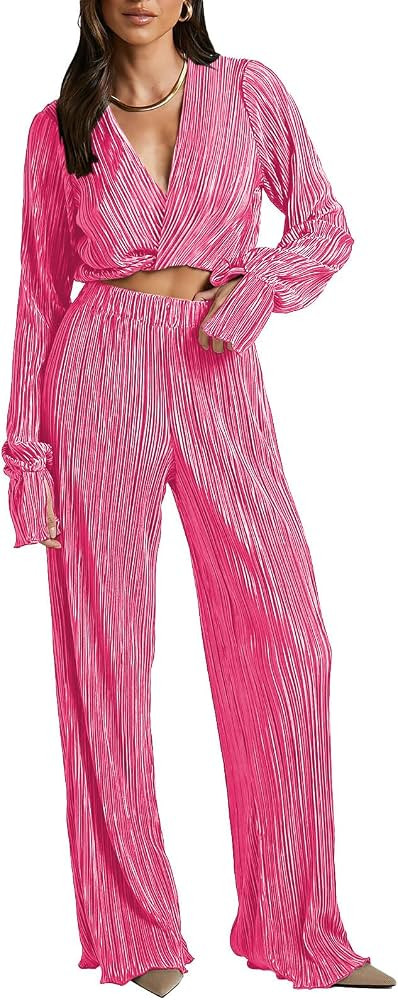 Pink Queen 2 Piece Outfits For Women Long Sleeve V Neck Cropped Shirt And Wide Leg Pants Sets Coc... | Amazon (US)
