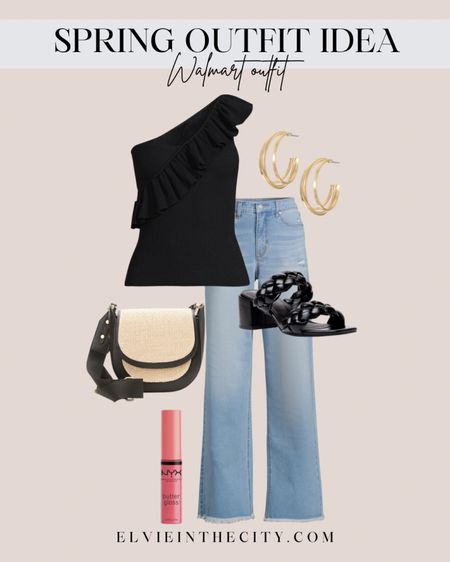 Spring outfit idea - Walmart outfit 

Date night - black blouse - one shoulder - straw purse - flare jeans - slip on sandal - gold hoops - Walmart style - Sophia Vergara

#LTKshoecrush #LTKunder50 #LTKstyletip