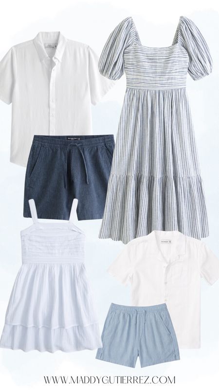 Family picture inspo from Abercrombie & Fitch. Perfect for summer photos-beautiful maxi dress, linen shorts, and in a blue color palate  

#LTKFamily #LTKStyleTip #LTKSaleAlert